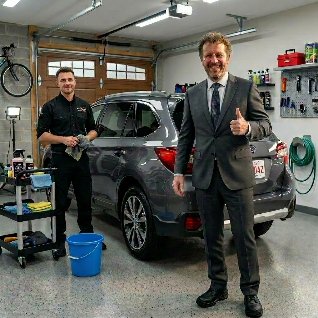 Man washing car outdoors with supplies Man standing next to a silver car with car washing supplies outdoors